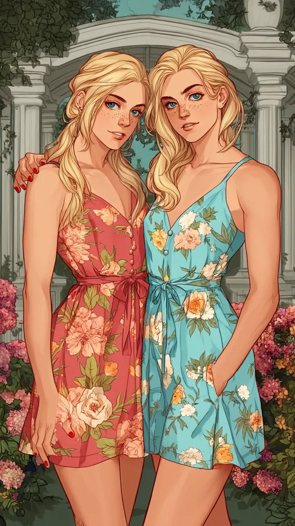 Two blonde twin sisters, with fair skin and freckles, stand close together in a lush garden.  They wear matching floral sundresses; one in coral and the other in teal. The dresses are short and feature a variety of pastel flowers.  The sisters are smiling softly, their arms around each other, creating a warm and intimate scene.  A stone archway forms a background to their portrait.