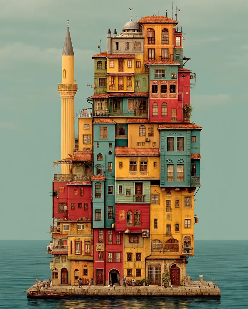 A whimsical, digitally created image depicts a multi-storied building perched on a small island in the sea.  The structure is a vibrant stack of colorful houses, seemingly haphazardly assembled, with balconies, windows, and intricate details. A tall minaret rises from one side, adding to the fantastical architectural composition.  Tiny figures are visible at the base, enhancing the scale of the improbable building. The calm sea surrounds the island, creating a serene yet surreal scene.