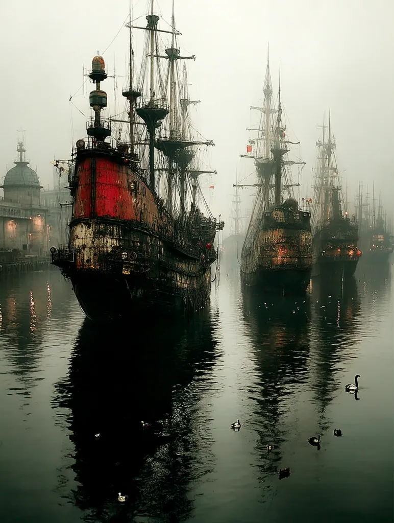 A misty harbor scene features three large, aged sailing ships, their dark hulls and weathered sails suggesting a history of seafaring adventures.  The lead ship is predominantly red, adding a splash of color against the muted tones.  Calm water reflects the vessels, and a few birds float peacefully on the surface.  The overall atmosphere is one of quiet mystery and forgotten grandeur.
