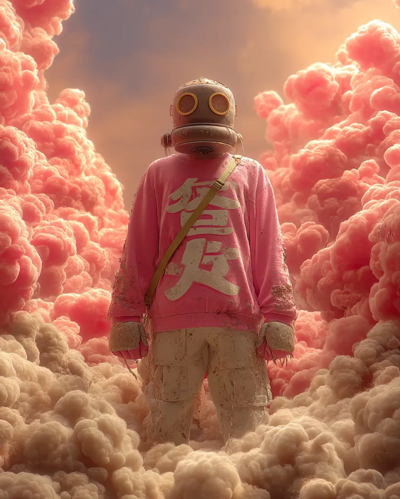 A figure in a pink sweatshirt and dirty white pants stands amidst a surreal landscape of pastel pink and beige clouds.  They wear a vintage-style gas mask with circular yellow filters.  The sweatshirt displays faded white kanji characters.  The overall aesthetic blends dystopian elements with a soft, dreamlike atmosphere. The image suggests a post-apocalyptic or fantastical setting.