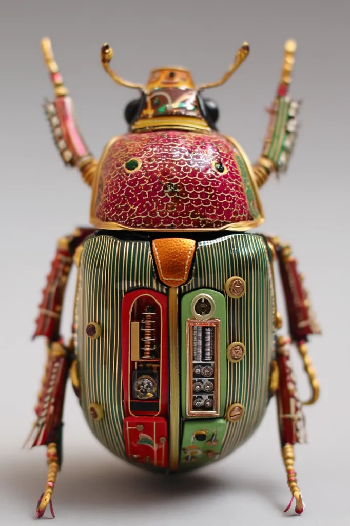 A meticulously crafted beetle sculpture, adorned in vibrant red, green, and gold hues. Its body is intricately detailed, showcasing a blend of organic and mechanical elements.  Tiny gears and intricate patterns are incorporated into its design, giving it a steampunk aesthetic.  The piece displays remarkable craftsmanship and artistry.