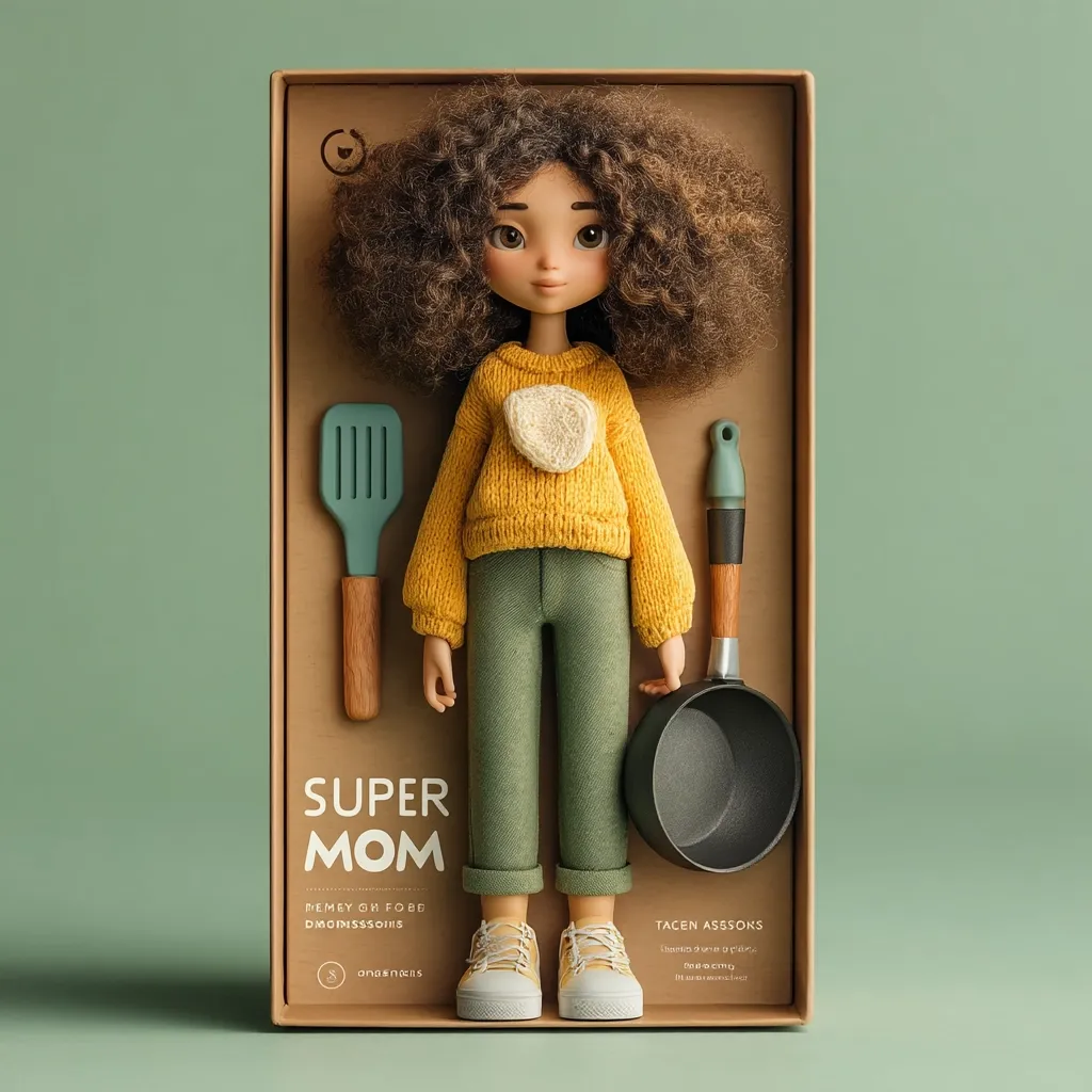 A 3D-rendered doll, styled as a "Super Mom," is presented in a cardboard box.  She has curly brown hair, wears a yellow sweater and olive green pants, and off-white sneakers.  The box also contains miniature kitchen utensils: a spatula and a small frying pan, enhancing the "Super Mom" theme. The packaging is minimalist and features muted, earthy tones.