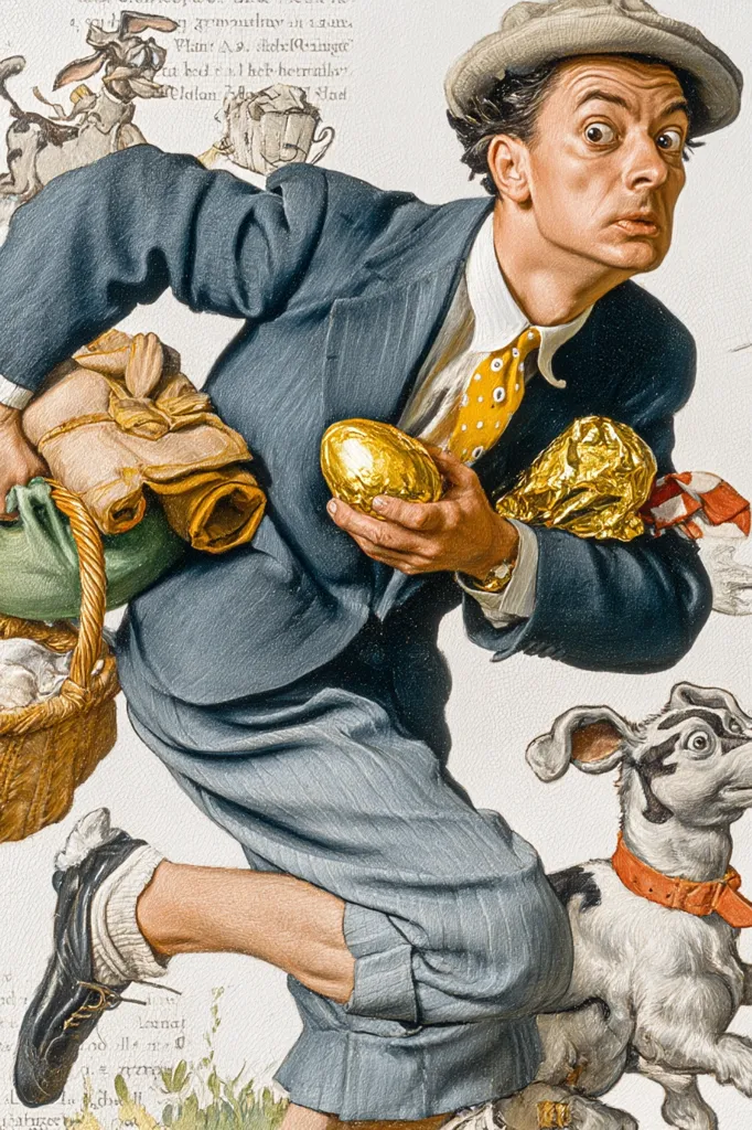 A man in a suit, hat, and yellow polka dot tie runs, carrying a basket of Easter eggs, including a large golden one. He clutches a golden chocolate bunny, appearing startled. A small dog with a red collar runs alongside him. The style is reminiscent of Norman Rockwell, with detailed clothing and expressions. The background features indistinct text.  The overall scene suggests a humorous, whimsical depiction of an Easter egg hunt.