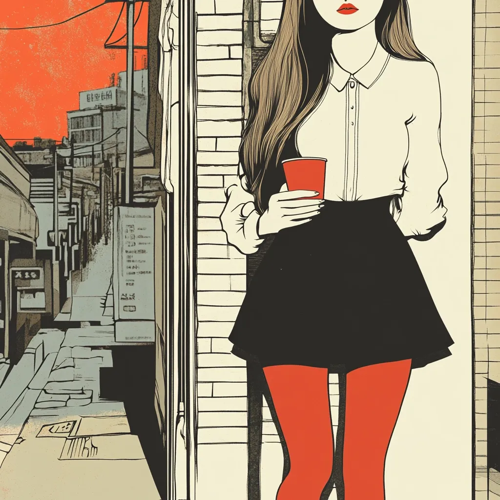 A stylized illustration depicts a young woman in a white shirt, black mini-skirt, and orange tights, holding a red cup.  She stands against a brick wall, partially obscuring a view of a narrow, urban alleyway with muted orange sunset tones in the background. The style is graphic and reminiscent of vintage printmaking.