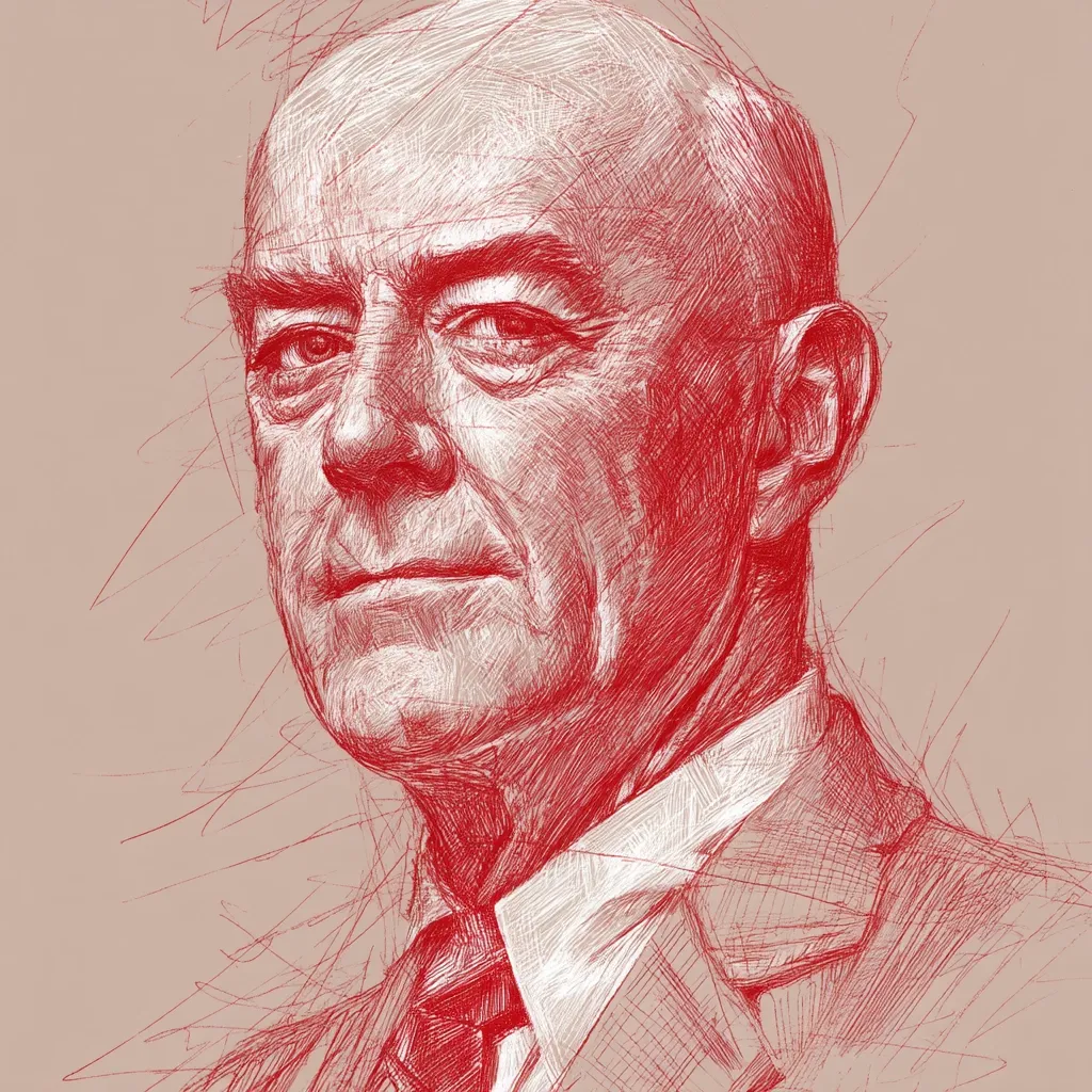 A detailed red-toned sketch portrays a bald, older man with a serious expression.  His face is etched with lines suggesting age and experience. He's dressed in a suit and tie, suggesting a professional or formal setting. The artist employs a hatched style, creating texture and depth through numerous fine lines. The background is a muted beige, contrasting with the vibrant red of the portrait. The overall effect is one of intensity and gravitas.
