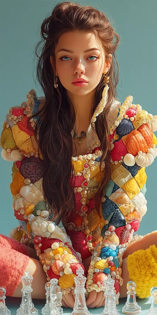 A young woman with long brown hair and striking blue eyes sits before a chessboard. She wears a vibrant, intricately designed jacket adorned with an array of seashells and pearls in various colors and shapes. The outfit is a patchwork of different textures and hues, creating a visually captivating effect.  Her expression is serene and contemplative, suggesting a moment of quiet reflection before a game.