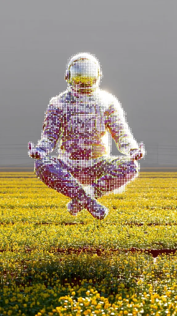 A pointillist-style image depicts an astronaut in a meditative lotus position, seemingly levitating above a vibrant field of yellow wildflowers. The astronaut is rendered in shimmering dots of light, creating a sense of ethereal calm. The contrast between the futuristic astronaut and the natural landscape suggests a theme of peaceful contemplation or the intersection of technology and nature. The muted background emphasizes the astronaut as the central focus.