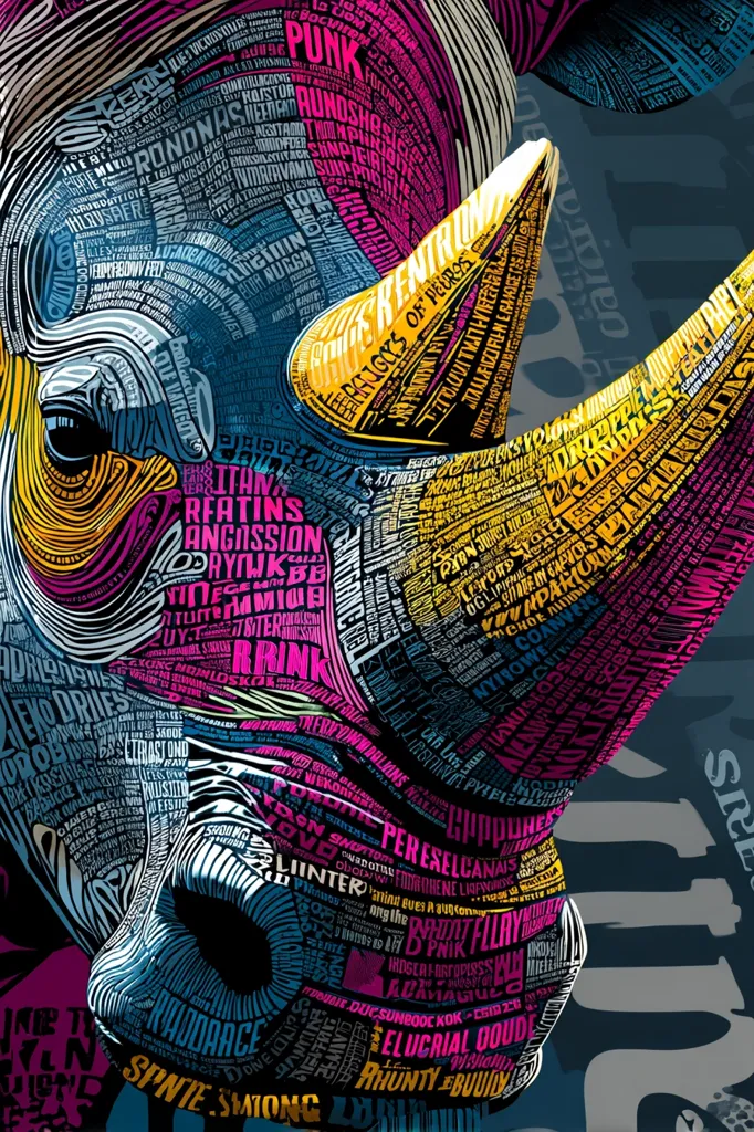 A vibrant, stylized rhinoceros head is depicted, constructed entirely from densely packed words in various colors – predominantly pink, teal, and yellow. The words, seemingly random, form the rhino's shape, creating a striking typographic artwork.  The background is a muted dark gray, contrasting with the intense colors of the rhino.  The image is a powerful combination of animal imagery and textual design.