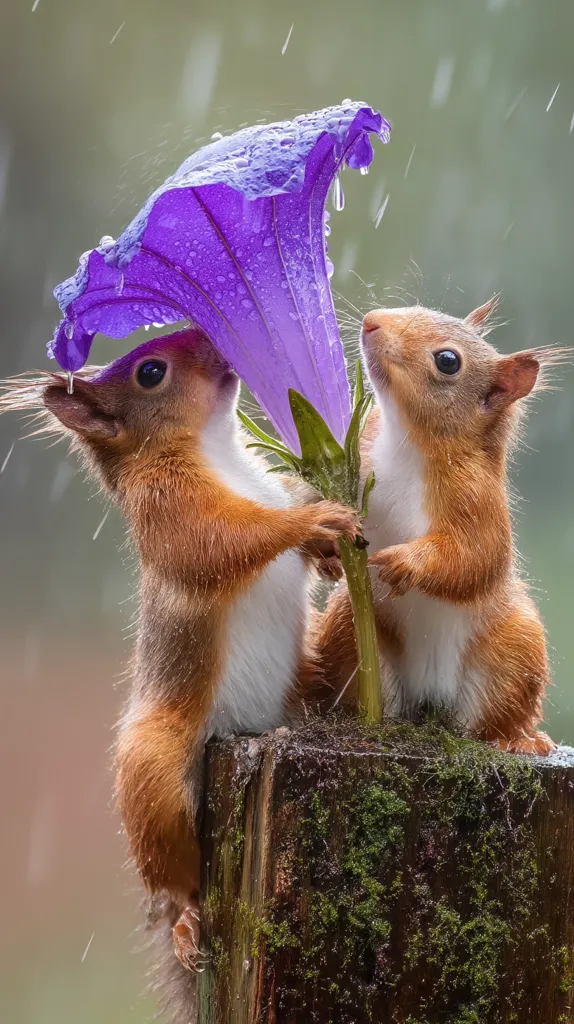 Two adorable red squirrels huddle together under a large, vibrant purple flower, using it as a makeshift umbrella in the rain.  The rain droplets cling to the petals, and the squirrels' fluffy tails and bright eyes are visible. They are perched on a mossy wooden post, creating a charming and heartwarming scene.