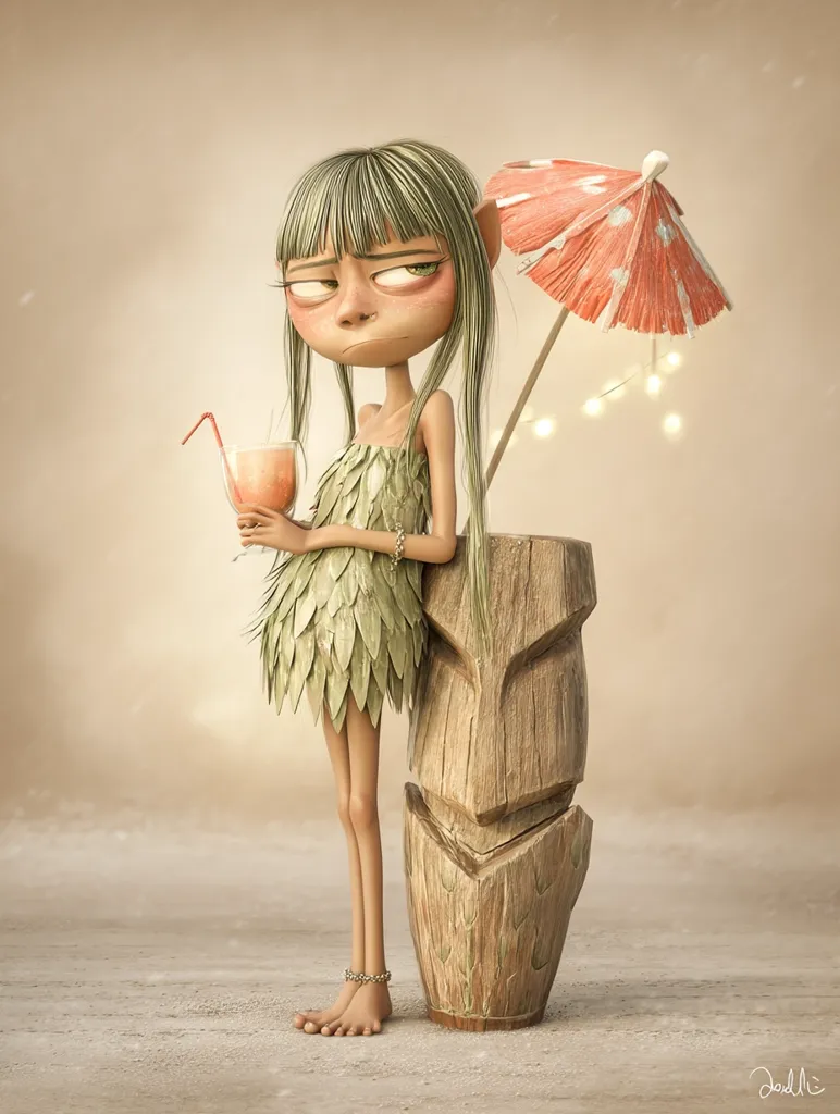 A 3D rendered illustration depicts a whimsical, elf-like creature with long, light green hair, leaning against a tiki-style wooden post.  She's wearing a leafy green dress and holds a cocktail with a straw. A small, pink beach umbrella with string lights is beside her. The overall mood is melancholic, with the character appearing slightly sullen. The setting is a sandy beach, suggesting a tropical or summer theme.
