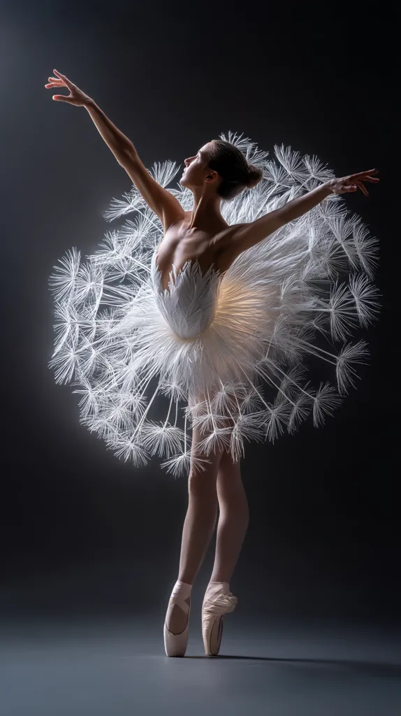 A ballerina, poised gracefully, is captured in a striking pose.  She wears a unique dandelion-inspired tutu, its delicate white feathers radiating outwards.  Her arms are elegantly extended, her gaze directed upward. The dark background accentuates the ethereal beauty of the costume and the ballerina's elegant form.  The overall image evokes a sense of lightness and grace.