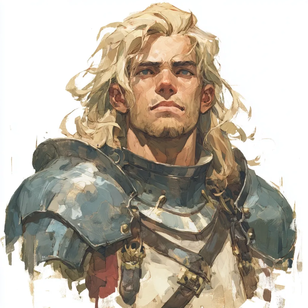 A portrait showcases a fair-skinned man with shoulder-length blond hair, wearing a medieval-style suit of armor.  His expression is serious and contemplative. The painting style is loose and painterly, with visible brushstrokes creating a textured effect. The background is a muted off-white, focusing attention on the subject's strong features and armor detail.