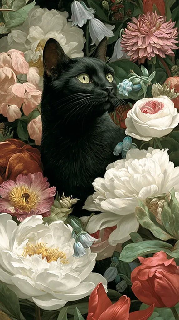 A black cat with striking green eyes is nestled amidst a vibrant array of flowers.  Large white peonies, delicate pink roses, and rich red tulips surround the feline, creating a lush, almost Baroque-style composition. The dark fur of the cat contrasts beautifully with the bright colors of the blossoms, creating a captivating and dramatic image.  The painting is rich in texture and detail, showcasing the artist's skill in capturing both animal and floral subjects.