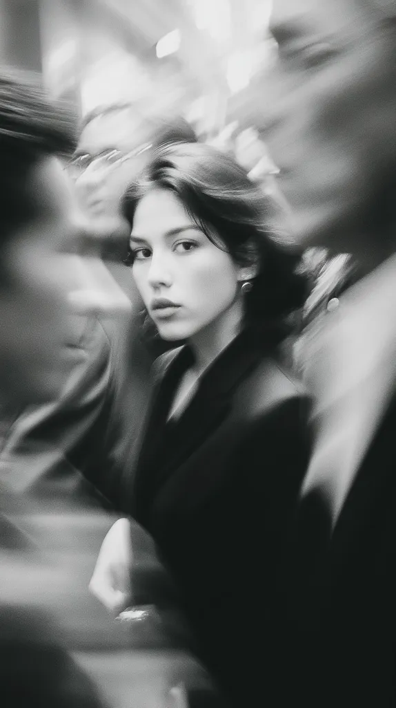 A black and white, slightly blurred photo shows a young woman with dark hair, wearing a dark jacket, looking directly at the camera.  She is surrounded by out-of-focus figures, suggesting a crowded space, possibly a street or train. The motion blur adds a sense of movement and energy to the scene, contrasting with the woman's still gaze. The overall mood is contemplative and mysterious.