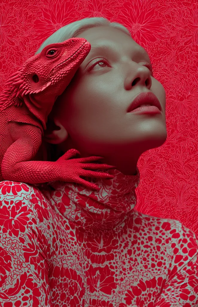 A stylized image of a fair-skinned woman with platinum blonde hair.  She wears a red turtleneck patterned top against a background of a red floral design. A vibrant red iguana-like reptile is draped across her shoulders and neck, its textured skin contrasting with the woman's smooth complexion. The overall color palette is a monochromatic red, creating a striking and surreal effect.