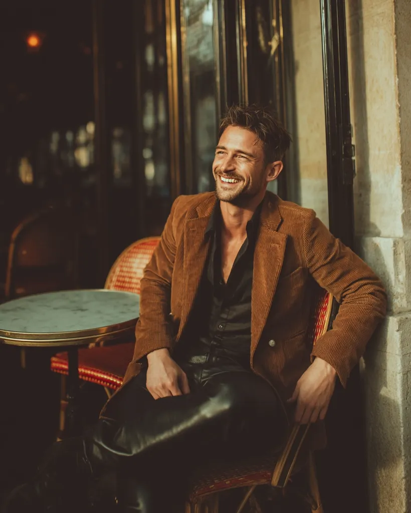 A stylish man with a warm smile sits at a Parisian café.  He's dressed in a brown corduroy blazer, black shirt, and leather pants, exuding a relaxed yet sophisticated air.  The setting is dimly lit, creating a moody atmosphere, highlighting the man's features and the rich textures of his clothing. Sunlight streams in, casting a gentle glow.