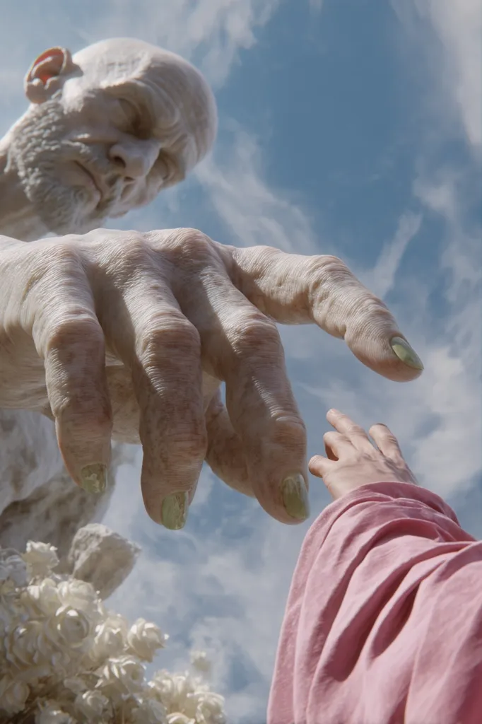 A giant, elderly statue's hand reaches down towards a smaller hand extending upwards.  The statue's face is partially visible, showing age and weariness.  The scene is set against a bright, partly cloudy sky.  A cluster of white flowers is visible at the base of the statue. The overall mood is surreal and evokes a sense of scale and connection.