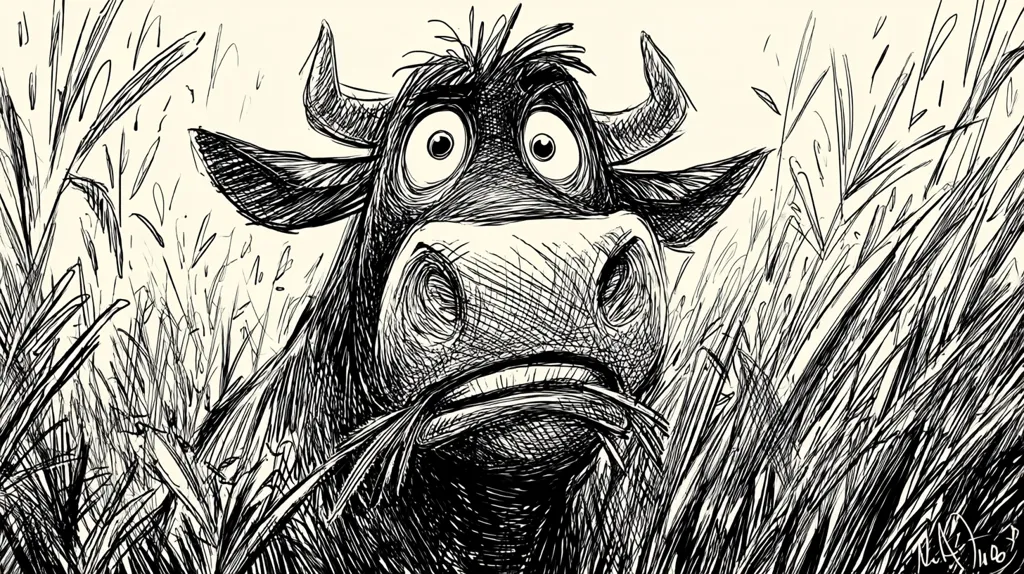 A detailed black and white ink drawing depicts a bull's head and shoulders, partially obscured by tall grass. The bull's expression is one of wide-eyed fear or surprise, its mouth slightly open. The artist's style is expressive and uses heavy cross-hatching to create texture and depth. The contrast between the bull and the surrounding foliage creates a dramatic effect.  The overall impression is one of unease and potential danger.