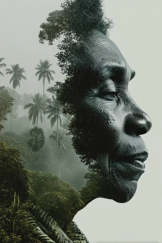 A double exposure portrait merges the weathered face of an older woman with a lush, misty tropical landscape.  Palm trees and dense foliage fill the background, interwoven with the woman's hair and features. The image evokes a sense of connection between humanity and nature, suggesting a deep rootedness in the environment. The monochromatic palette emphasizes the serene and powerful mood.
