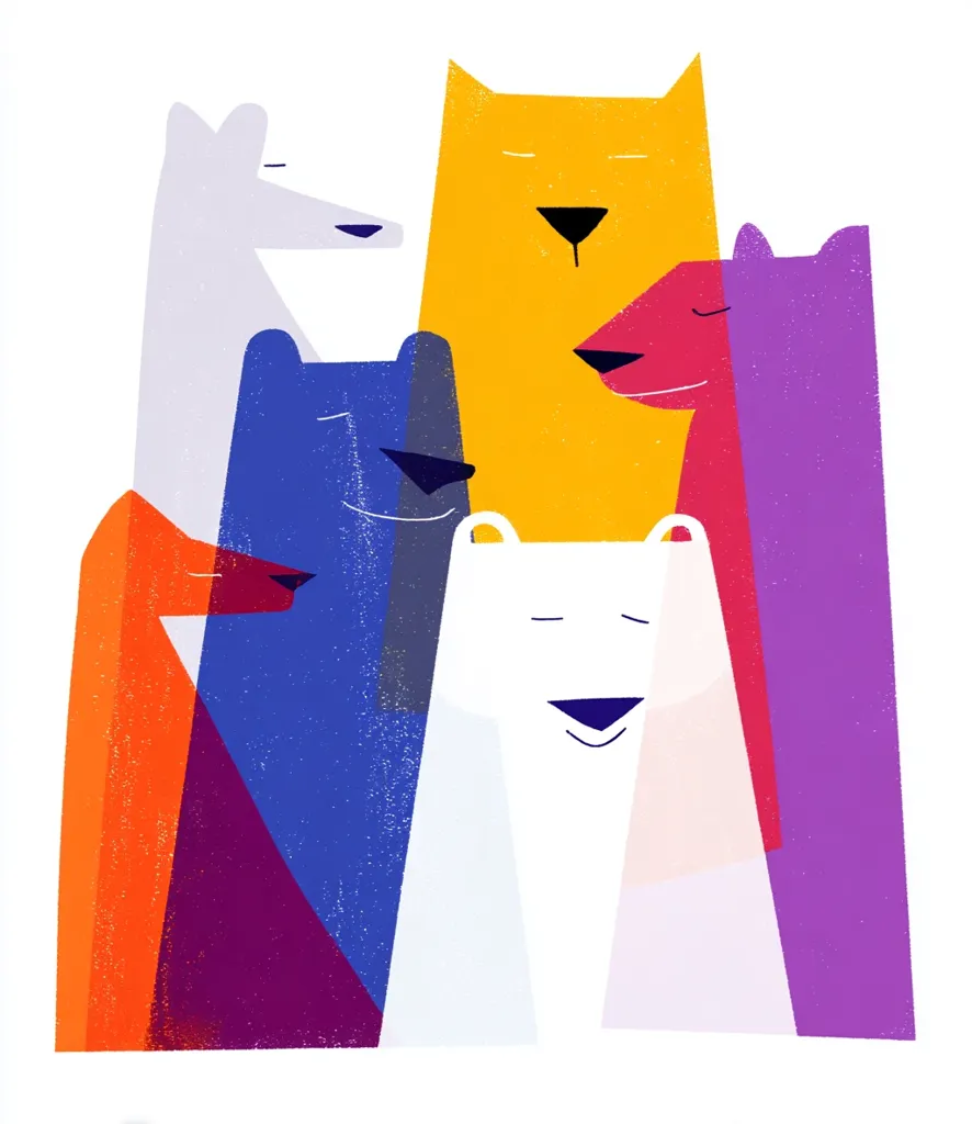 A stylized illustration depicts a group of animals huddled together.  The animals, rendered in bold, flat colors, appear to be a wolf, a lion, a bear, and polar bear.  Their forms overlap, creating a sense of closeness and unity. The color palette is vibrant, with shades of orange, purple, blue, yellow, and white dominating the composition. The overall style is modern and playful, suggesting friendship and camaraderie.