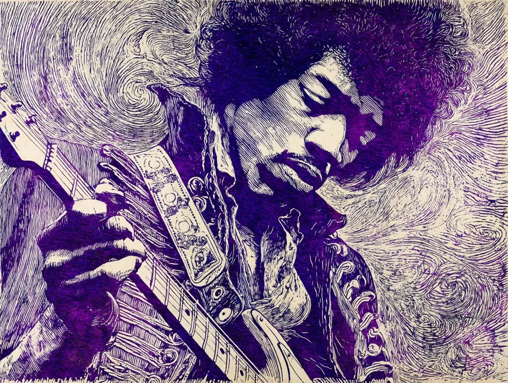A stylized linocut print depicts Jimi Hendrix playing guitar.  The image is predominantly purple and cream, with swirling lines in the background suggesting movement and energy.  Hendrix's intense focus is captured in detail, his afro prominent against the textured backdrop. The intricate detail of the guitar and his clothing is emphasized by the bold lines of the printmaking technique.  The overall effect is one of vibrant energy and artistic expression.