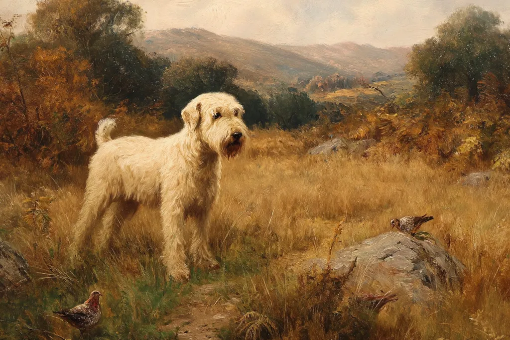 An oil painting depicts a fluffy, light-cream colored Soft Coated Wheaten Terrier standing in a grassy field.  The dog is in the foreground, gazing towards the right.  Two small birds are visible near rocks in the lower right, and another is near the dog's feet. Rolling hills and trees form the background, suggesting a rural landscape. The overall tone is warm and autumnal.