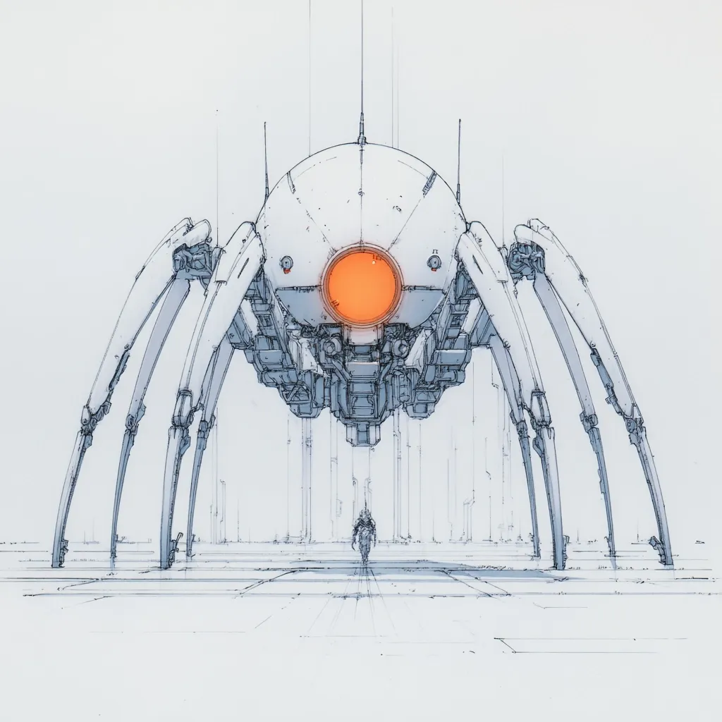 A detailed line drawing depicts a colossal, spider-like robotic machine looming over a tiny human figure in the distance. The robot's body is a large, smooth sphere with an orange glowing center, supported by numerous slender, articulated legs.  The style is minimalist and precise, suggestive of science fiction or conceptual art. The scene creates a sense of scale and potential threat.
