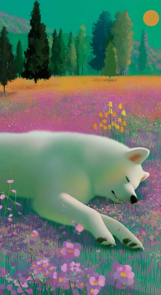 A serene illustration depicts a fluffy white dog peacefully slumbering amidst a vibrant field of purple and pink flowers.  Tall, dark green trees form a backdrop under a teal sky, punctuated by a bright yellow sun. The overall style is dreamlike and soft, with a focus on gentle colors and textures. The scene evokes a feeling of calm and tranquility.