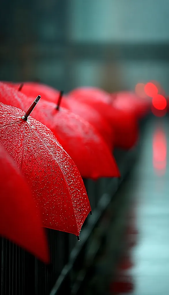 A close-up shot focuses on vibrant red umbrellas, glistening with raindrops, lined up against a blurred city backdrop.  The rich color of the umbrellas contrasts with the muted grey tones of the background, creating a visually striking image.  Water droplets cling to the fabric, highlighting the texture and the damp atmosphere. The overall mood is one of quiet contemplation and urban beauty.