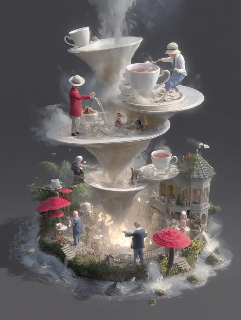 A whimsical, surreal scene depicts a tiered fountain crafted from oversized teacups and saucers. Miniature figures engage in tea-related activities, some pouring, others serving.  Steam rises from the central fountain, which sits atop a small island with waterfalls, mushrooms, and a miniature house. The overall effect is dreamlike and fantastical, blending elements of reality and imagination.
