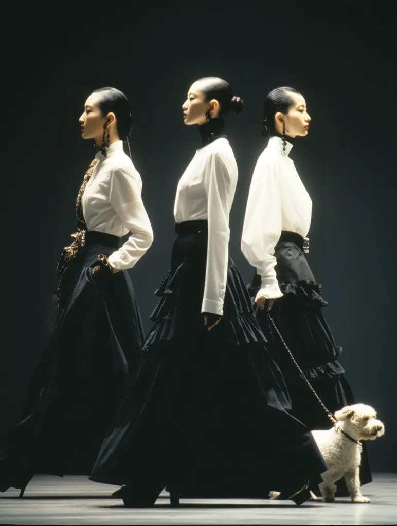 Three models walk in a line down a runway, each wearing a crisp white long-sleeved shirt, a black ruffled tiered skirt, and dark accessories. The central model holds a small white dog on a leash.  Their sleek hairstyles and serious expressions contribute to a dramatic, elegant fashion presentation. The dark background accentuates the stark contrast between the white shirts and black skirts.