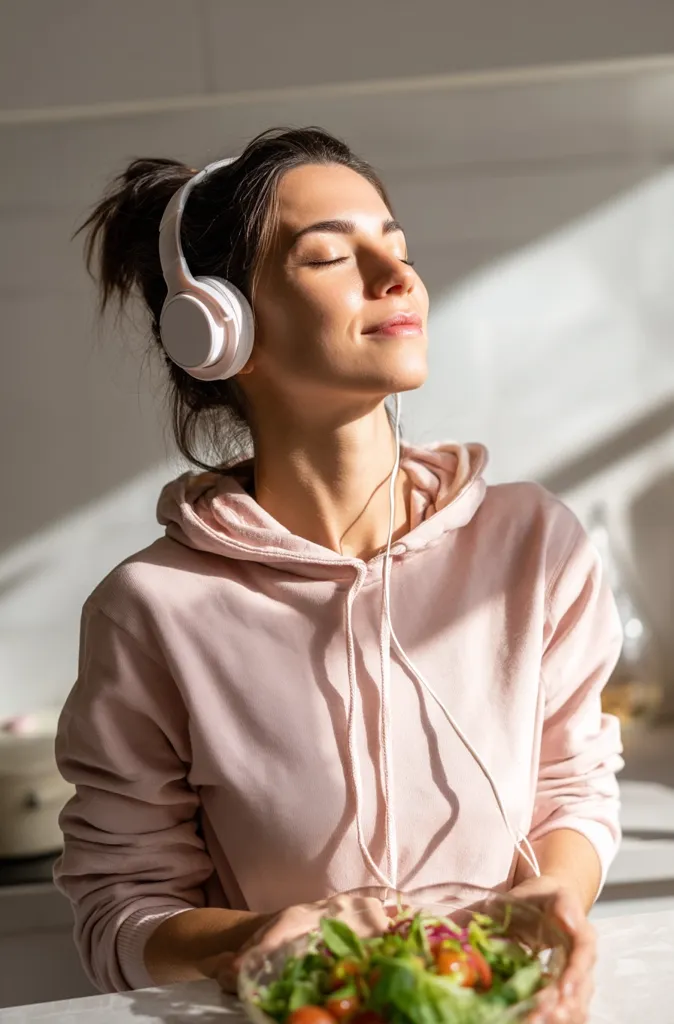 A young woman, wearing a pink hoodie and white headphones, sits peacefully in sunlight.  Her eyes are closed, suggesting relaxation or meditation while listening to music.  She holds a bowl of fresh salad, a healthy meal. The scene evokes a sense of calm and well-being.