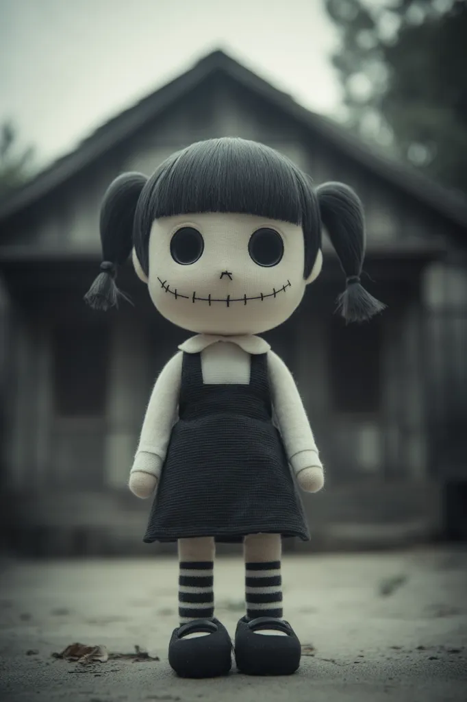 A handmade rag doll stands before a rustic, dark house.  The doll has stitched features, dark hair in pigtails, and wears a simple black dress and striped socks. Its large, dark eyes and stitched mouth give it an unsettling, slightly creepy aesthetic. The overall tone is somber and evokes a feeling of mystery.