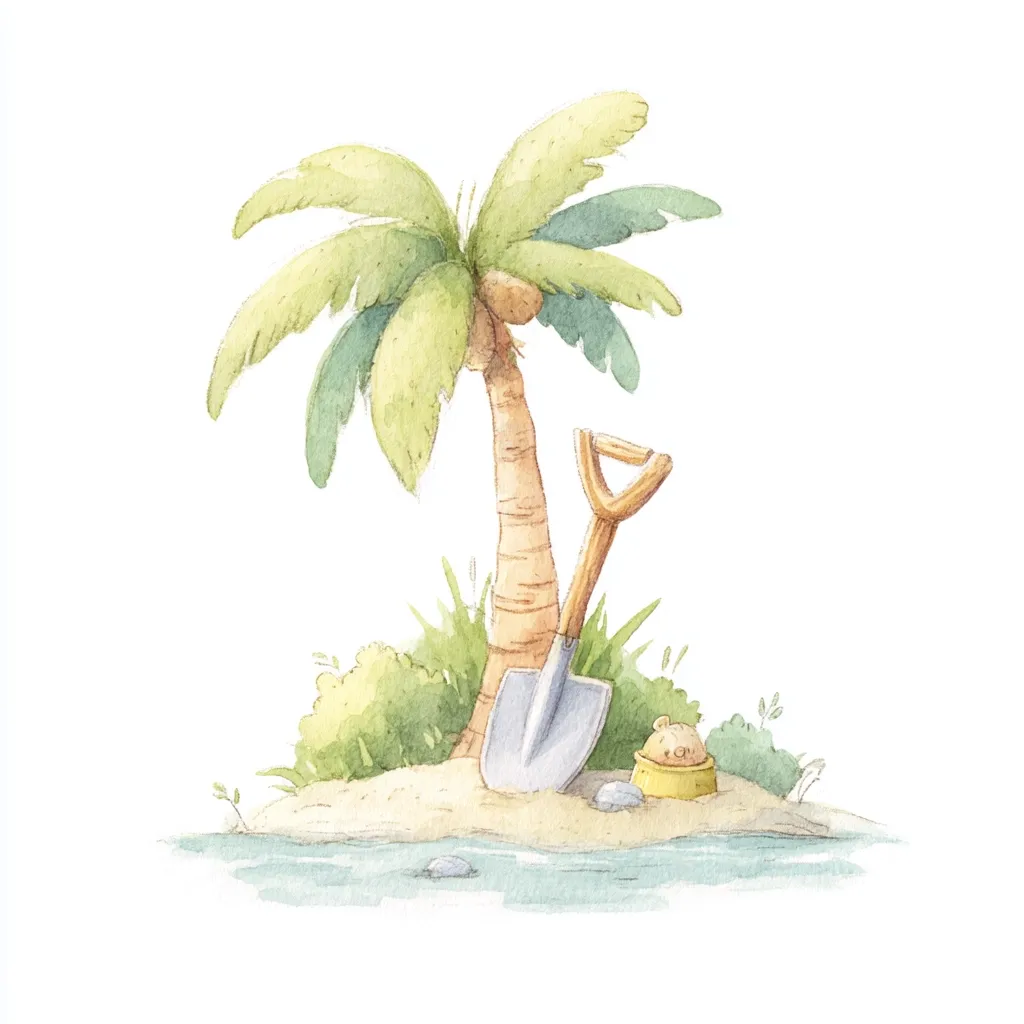 A watercolor painting depicts a serene tropical island scene.  A lone palm tree stands on a small sandy beach, next to a child's shovel and pail.  The water gently laps at the shore, creating a peaceful and idyllic image. Lush green vegetation surrounds the base of the palm, suggesting a secluded, untouched paradise. The overall style is charming and whimsical.