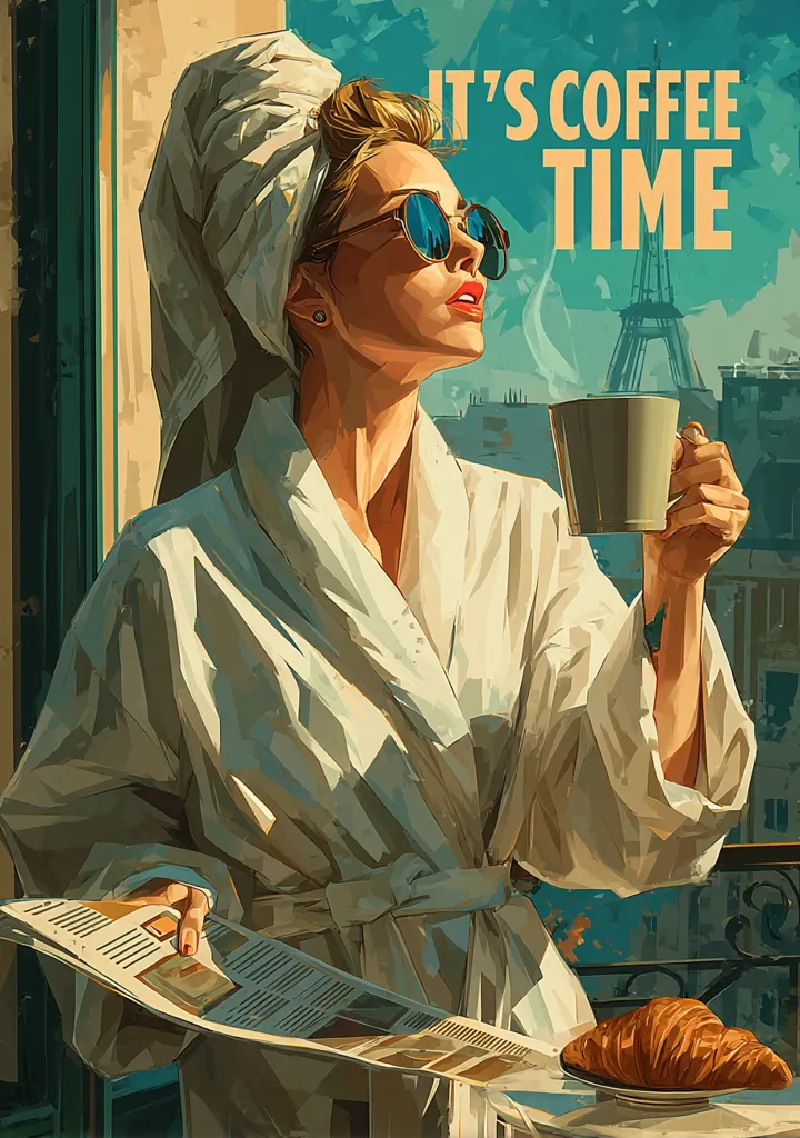 A stylish woman in a bathrobe and sunglasses enjoys her morning coffee, overlooking a Parisian cityscape.  The Eiffel Tower is visible in the background.  She holds a steaming mug and reads a newspaper, a croissant resting nearby. The art style is vibrant and painterly, with bold colors and a retro feel. The text "It's Coffee Time" overlays the image.