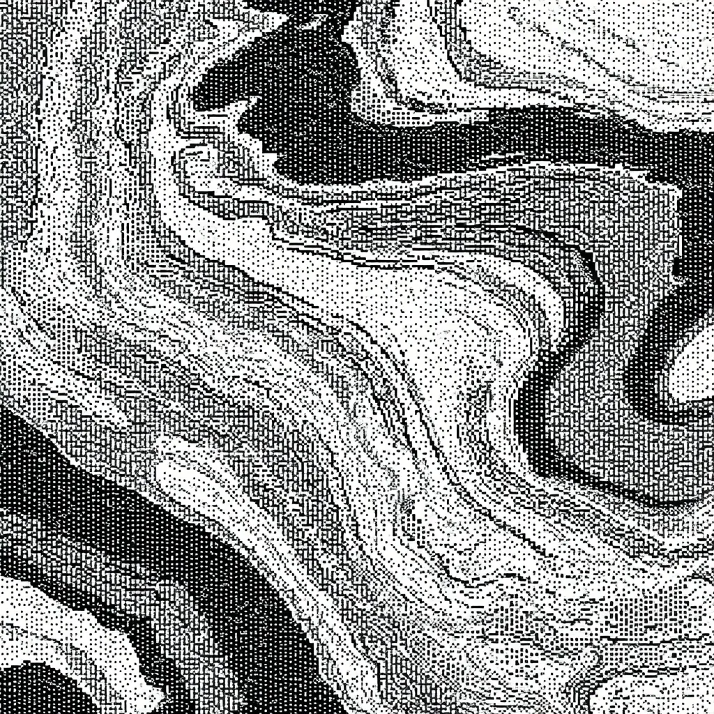 The image presents a monochrome abstract artwork.  It features swirling, wave-like patterns in shades of black and white, rendered in a pointillist or stippled style. The dense collection of dots creates a textured effect, suggesting movement and depth within the fluid forms.  The overall aesthetic is reminiscent of a high-contrast halftone print or a digital rendering of marble.