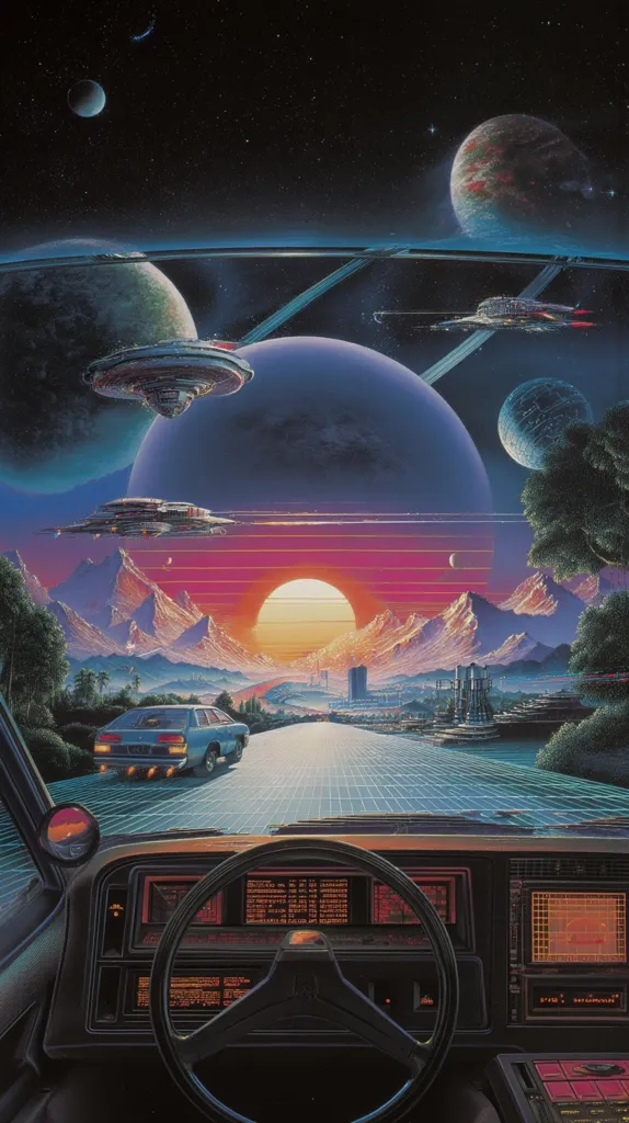A retro-futuristic artwork depicts a car driving on a highway that stretches towards a vibrant sunset.  The road is gridded, and the sky showcases planets, spaceships, and a futuristic cityscape in the distance.  The artwork's vibrant colors and retro-style car evoke a sense of 80s science fiction.  The scene is viewed from the driver's perspective, enhancing the immersive feeling of interstellar travel.