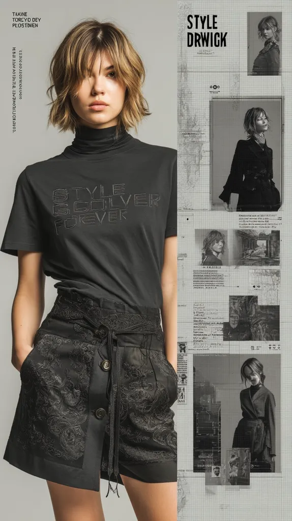 A fashion model showcases a dark gray t-shirt with "Style Colver Forever" embroidered on it, paired with a black embroidered high-waisted skirt. The collage-style backdrop features various monochromatic images of models and architectural designs, creating a visually striking and edgy aesthetic.  The overall look is modern and minimalist.