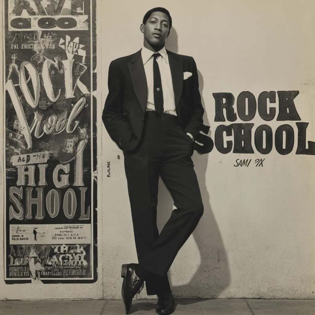 A black and white photo shows a young man in a sharp suit, leaning against a wall.  He's stylishly dressed, with his hands in his pockets, and stands next to a vintage "Rock and Roll High School" poster.  The wall behind him is painted with the words "Rock School," suggesting a setting related to music and youth culture. The overall style is reminiscent of 1950s or 1960s Americana.