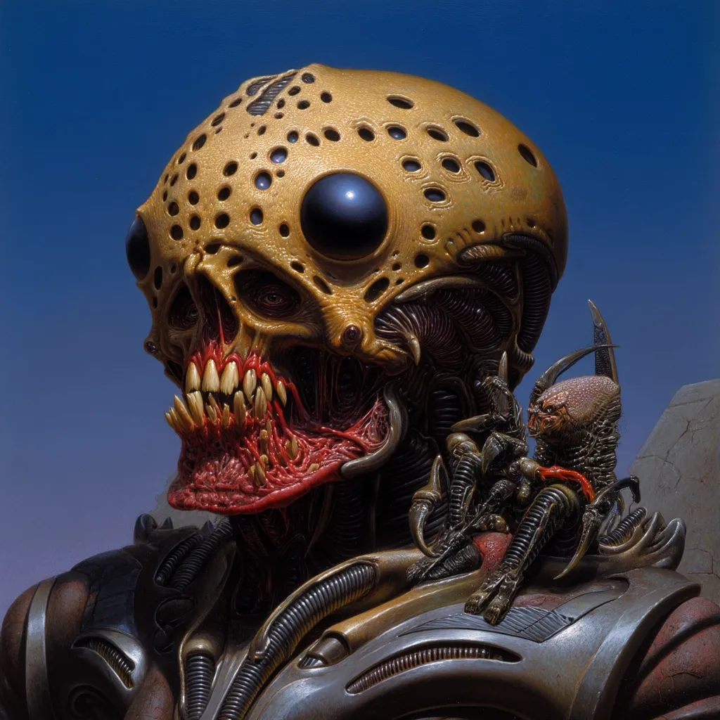 A detailed close-up reveals a biomechanical creature, its head a mottled yellow dome pierced with numerous holes and capped with a large, dark eye.  A grotesque, fanged mouth with exposed flesh hangs below.  The creature's body is metallic and segmented, with a smaller, spider-like alien perched upon its shoulder. The background is a deep blue, contrasting sharply with the creature's intricate, unsettling detail.