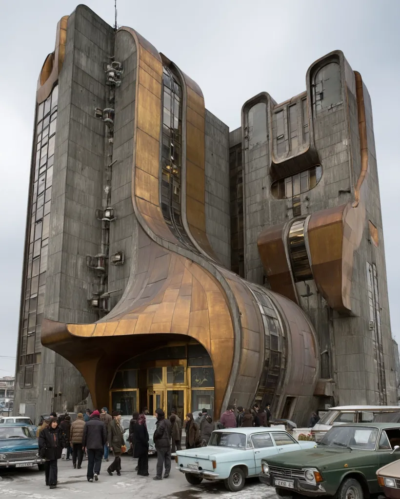 A striking Brutalist building, characterized by its imposing concrete structure and curved, copper-clad sections, dominates the scene.  The architecture is bold and unconventional, with flowing forms contrasting with the rough texture of the concrete.  People stand near the entrance, adding a human scale to the imposing building, which appears to be a public structure.  Older cars are parked in front, suggesting a possibly Eastern European or Soviet-era setting.