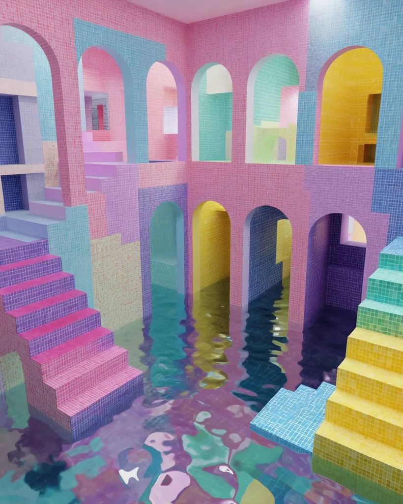 A whimsical, pastel-colored architectural rendering depicts a flooded interior space.  Multiple staircases ascend and descend amidst archways and walls tiled in various shades of pink, purple, blue, and yellow. The water reflects the vibrant colors, creating a surreal and dreamlike atmosphere.  The overall design is playful and geometric, hinting at a fantastical, indoor pool.