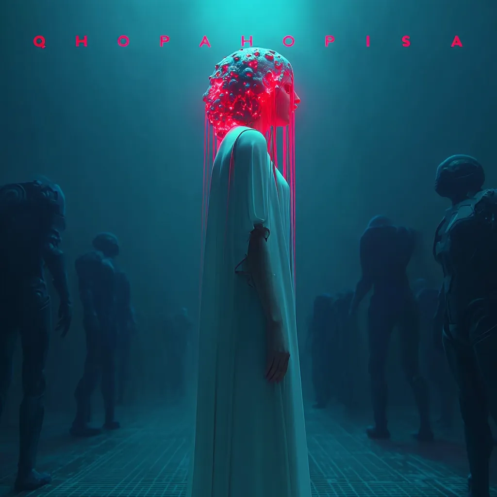 A futuristic scene depicts a woman in a flowing white gown, her head adorned with a glowing red, brain-like structure and cascading strands.  She stands centrally, surrounded by blurred figures in dark, armored suits, suggesting a dystopian or sci-fi setting.  The background displays neon lettering, adding to the atmosphere of mystery and technological advancement.  The overall mood is one of isolation and potential unease.