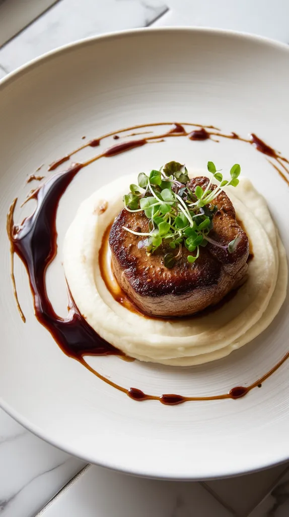 A plated dish features a seared meat medallion atop creamy mashed potatoes.  The meat is garnished with microgreens, and a dark reduction sauce is artfully drizzled around the plate. The presentation is elegant and simple, highlighting the rich colors and textures of the food.  The white plate provides a clean contrast to the dark sauce and the browned meat.