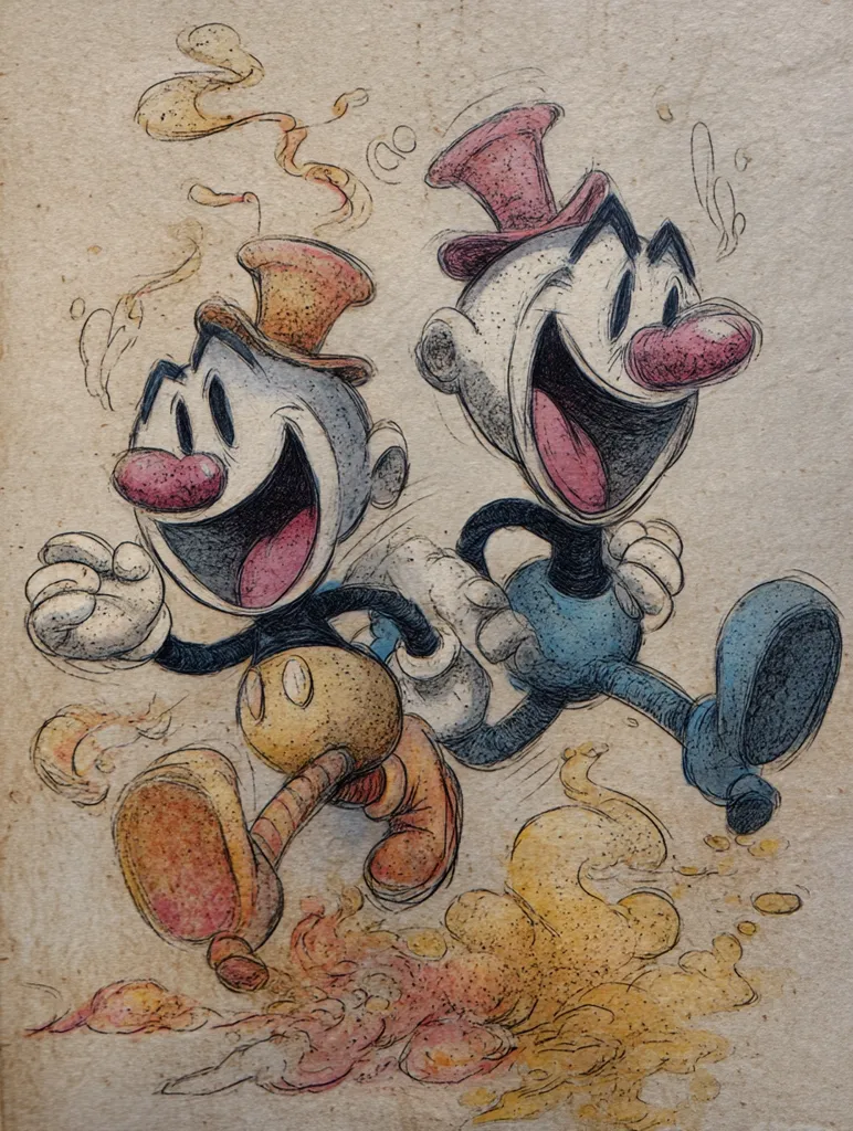 A whimsical illustration depicts two cartoon characters, reminiscent of classic animation, running with joyful expressions. They wear top hats and are rendered in a style blending pencil and watercolor, creating a textured effect.  Their movement generates a trail of colorful, swirling dust or smoke behind them, adding dynamism to the scene. The overall style is playful and energetic.