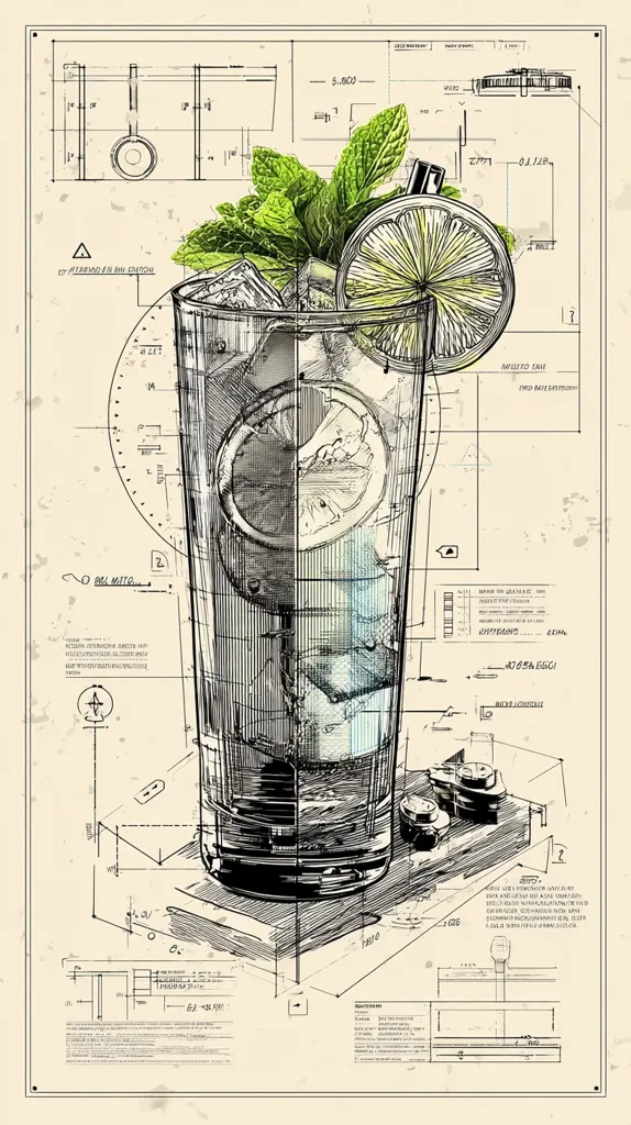 A stylized illustration depicts a mojito cocktail within a technical blueprint.  The drink is rendered in both a detailed sketch and a color wash, showing ice, mint leaves, and a lime wedge.  Surrounding the drink are various engineering diagrams and specifications, giving the impression of a precise, technical construction of the beverage.  The overall style is vintage and technical, blending art with engineering aesthetics.