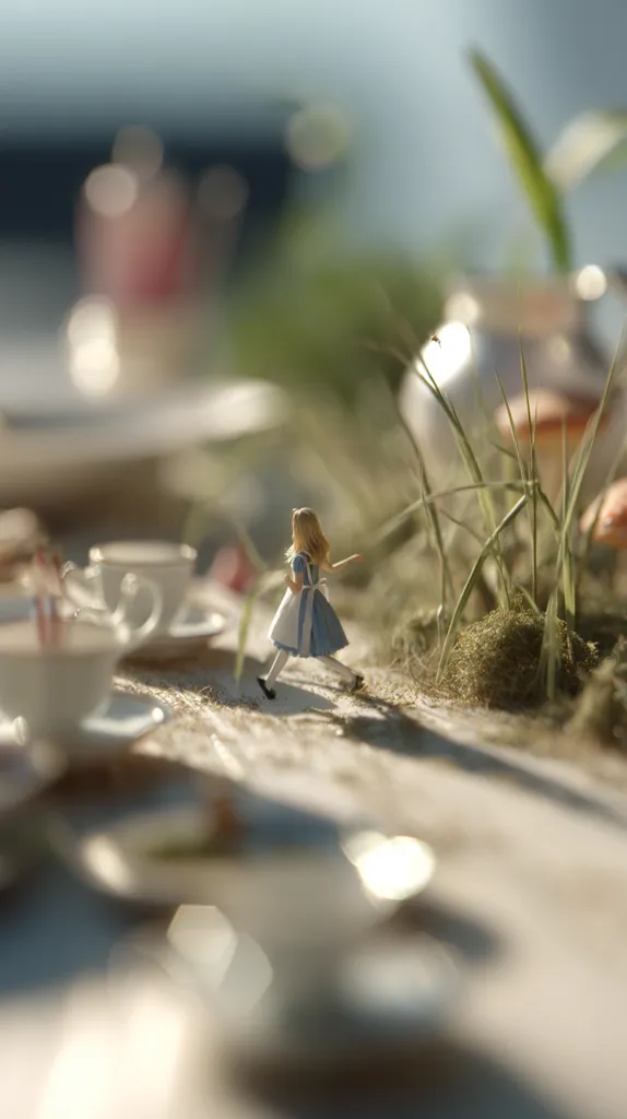 A miniature Alice in Wonderland figurine runs through a whimsical, miniature scene.  She's dressed in her iconic blue and white dress, traversing a path amidst tall grass and mossy ground.  Blurred in the background are teacups and a tea party setting, creating a sense of depth and scale. The overall effect is charming and evocative of the fairytale.