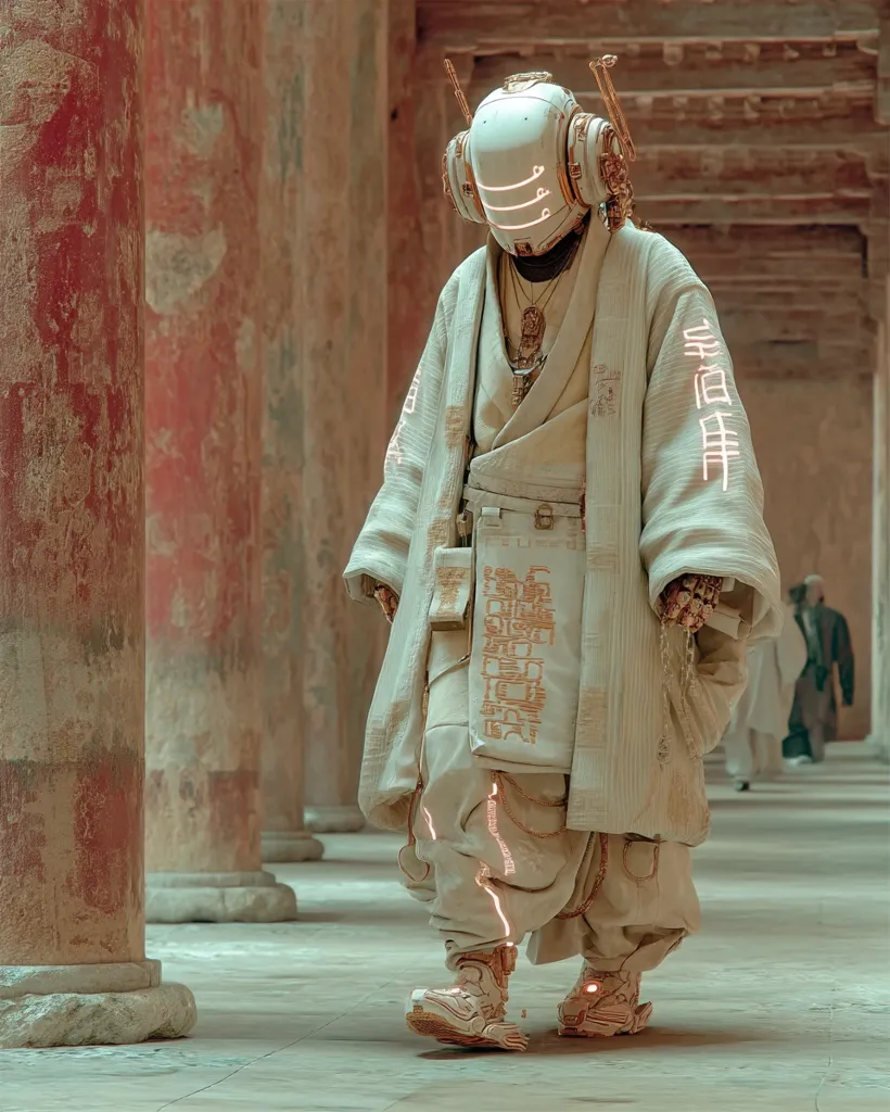 A futuristic robot, clad in a flowing, light beige robe adorned with gold kanji characters, walks through a weathered, columned hallway.  The robot's white helmet features glowing accents, and its attire blends traditional Asian aesthetics with advanced technology.  The scene evokes a sense of serene mystery, juxtaposing ancient architecture with a technologically advanced being.  Other figures are faintly visible in the background, adding depth to the image.