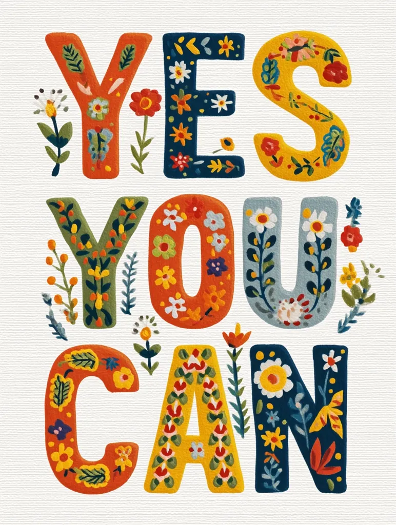 The image is a motivational poster featuring the words "YES YOU CAN" in large, colorful letters. Each letter is adorned with a variety of small, hand-painted flowers and foliage, creating a vibrant and cheerful design. The style is reminiscent of folk art or embroidery, with a whimsical and optimistic feel.  The overall effect is positive and encouraging.