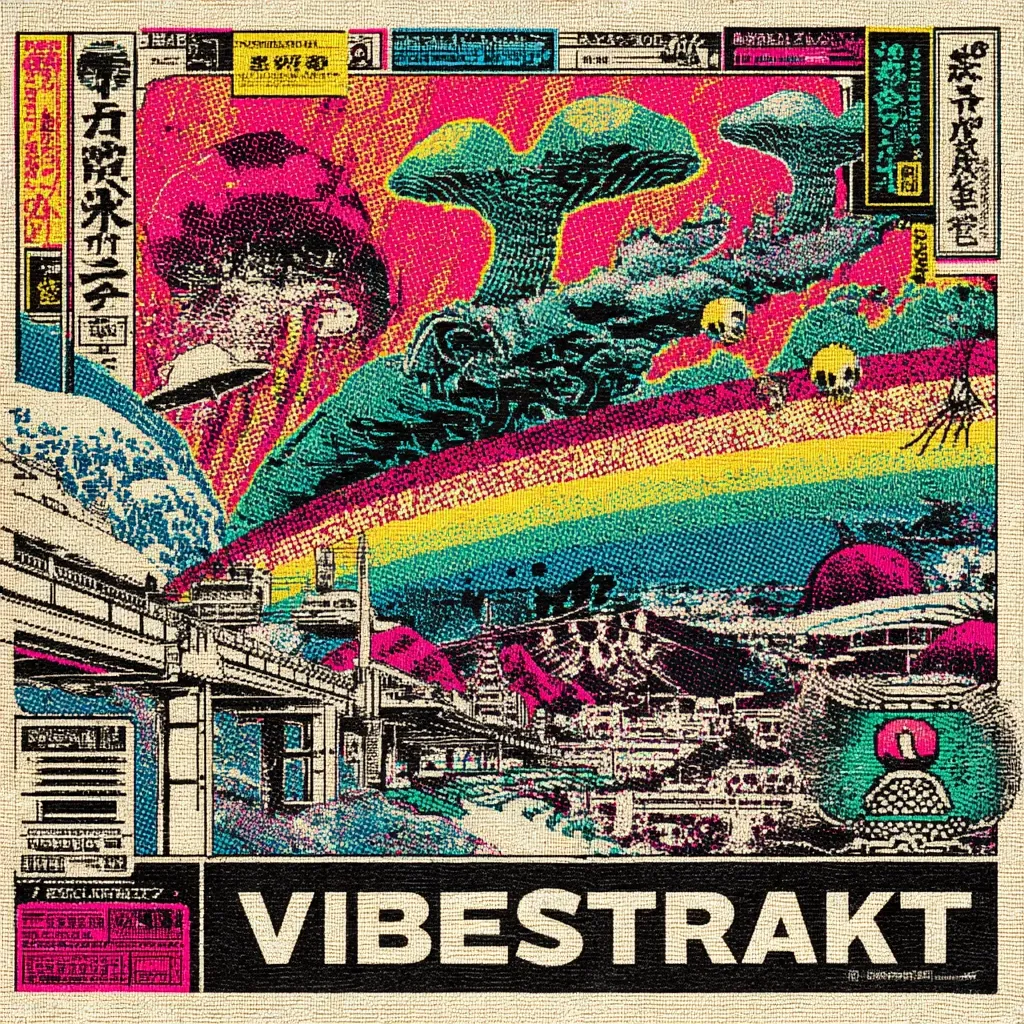 A vibrant, psychedelic artwork titled "Vibestrakt" features a collage of images.  Giant mushrooms, a rainbow, futuristic cityscapes, Japanese manga-style elements, and UFOs are blended in a bold, colorful style reminiscent of retro pop art and Japanese woodblock prints.  The overall effect is surreal and energetic.